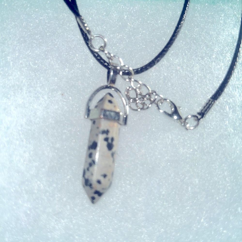 Boho Dalmatian Jasper Crystal Black Cord Necklace 18-20”